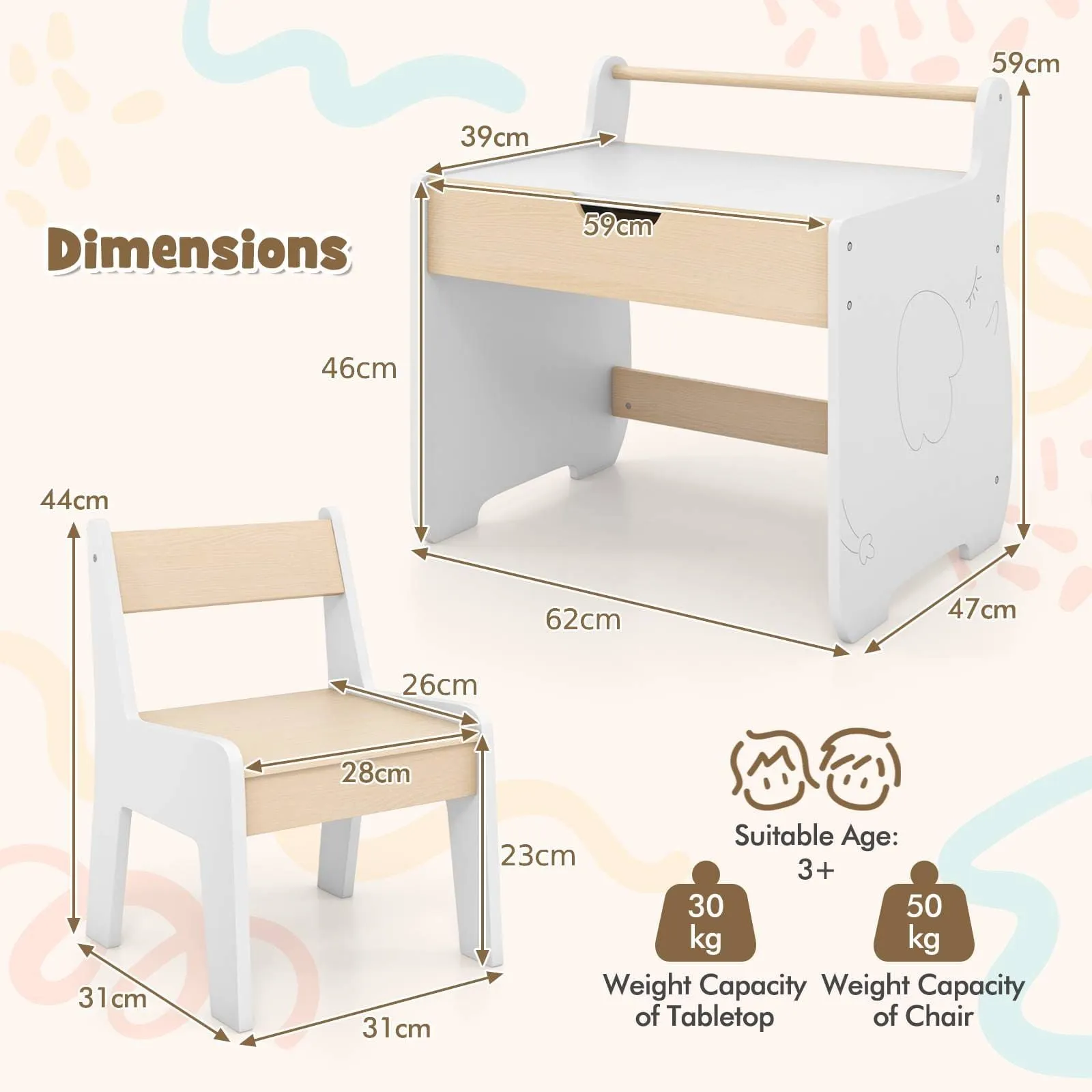 Costway Table & Chair Set Wooden Activity Desk & Chair Set in Natural 5