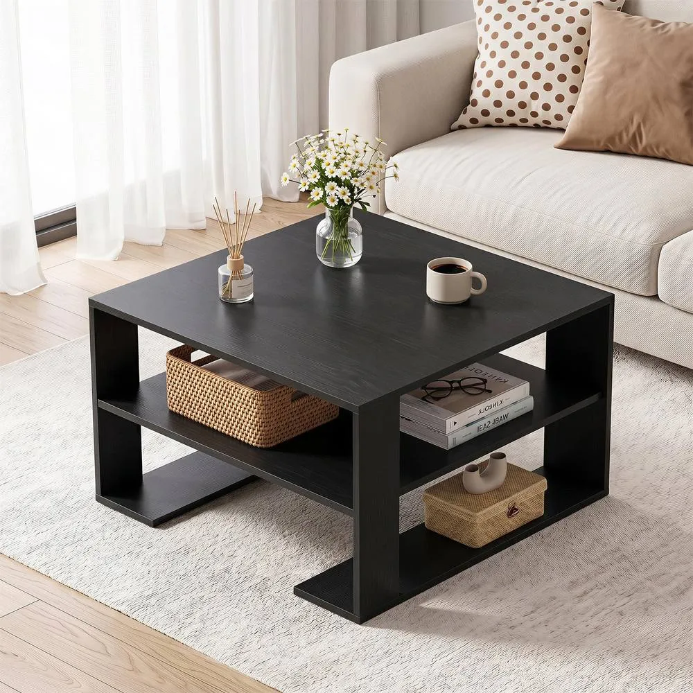 Costway Square Coffee Table Modern Compact Center Table with Open Shelf in Black 5
