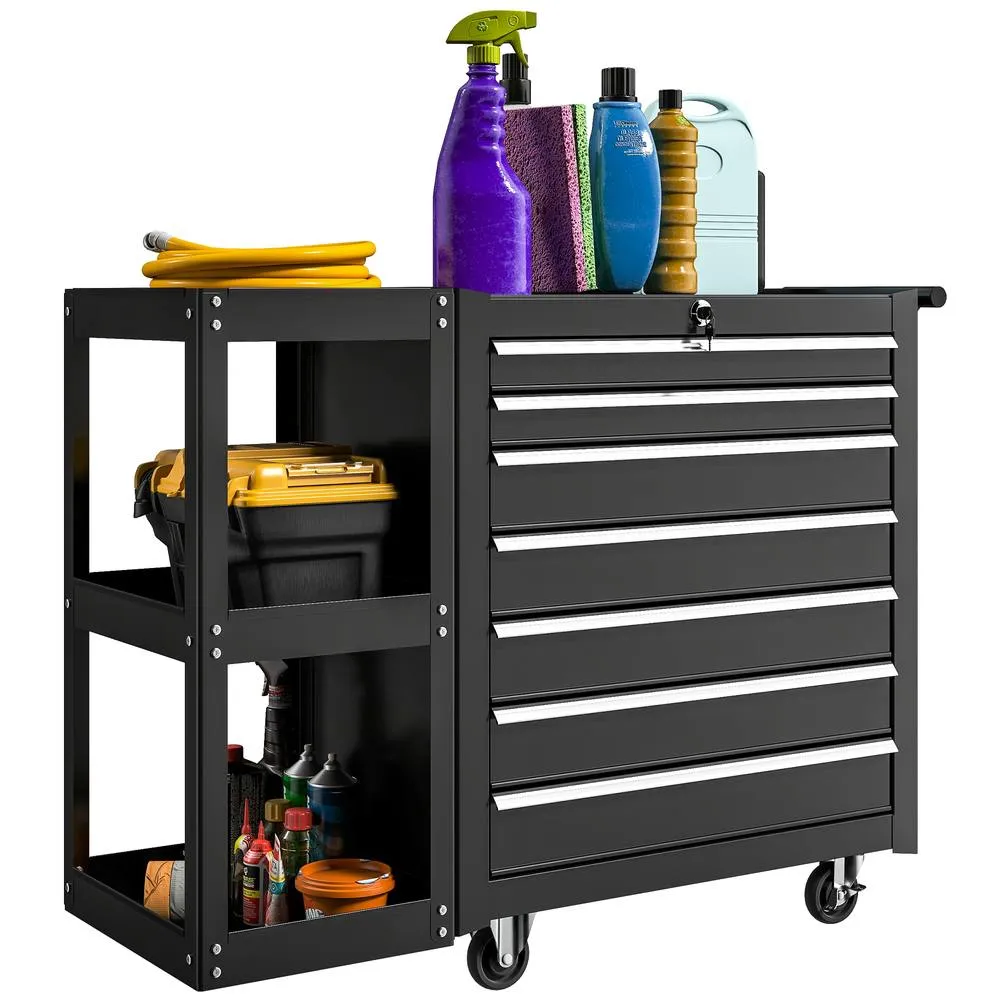 HOMCOM 7 Drawer Lockable Steel Tool Chest on Wheels for Workshop, Black 2