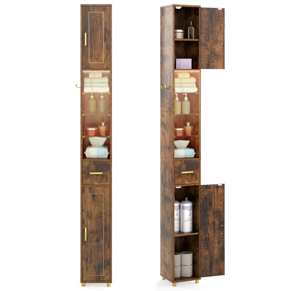 Costway 180 cm Tall Bathroom Cabinet Narrow Storage Organizer w/ 3 Doors in Brown 3