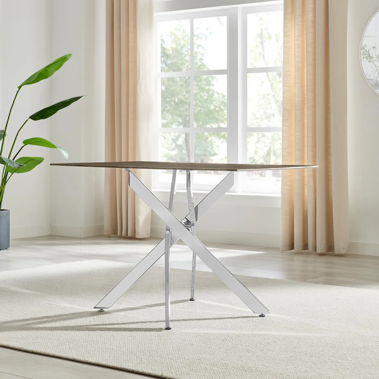 FurnitureboxUK Leonardo 4-Seater Dining Table With Marble Effect Glass Top & Silver Metal Legs in Dark Brown 3