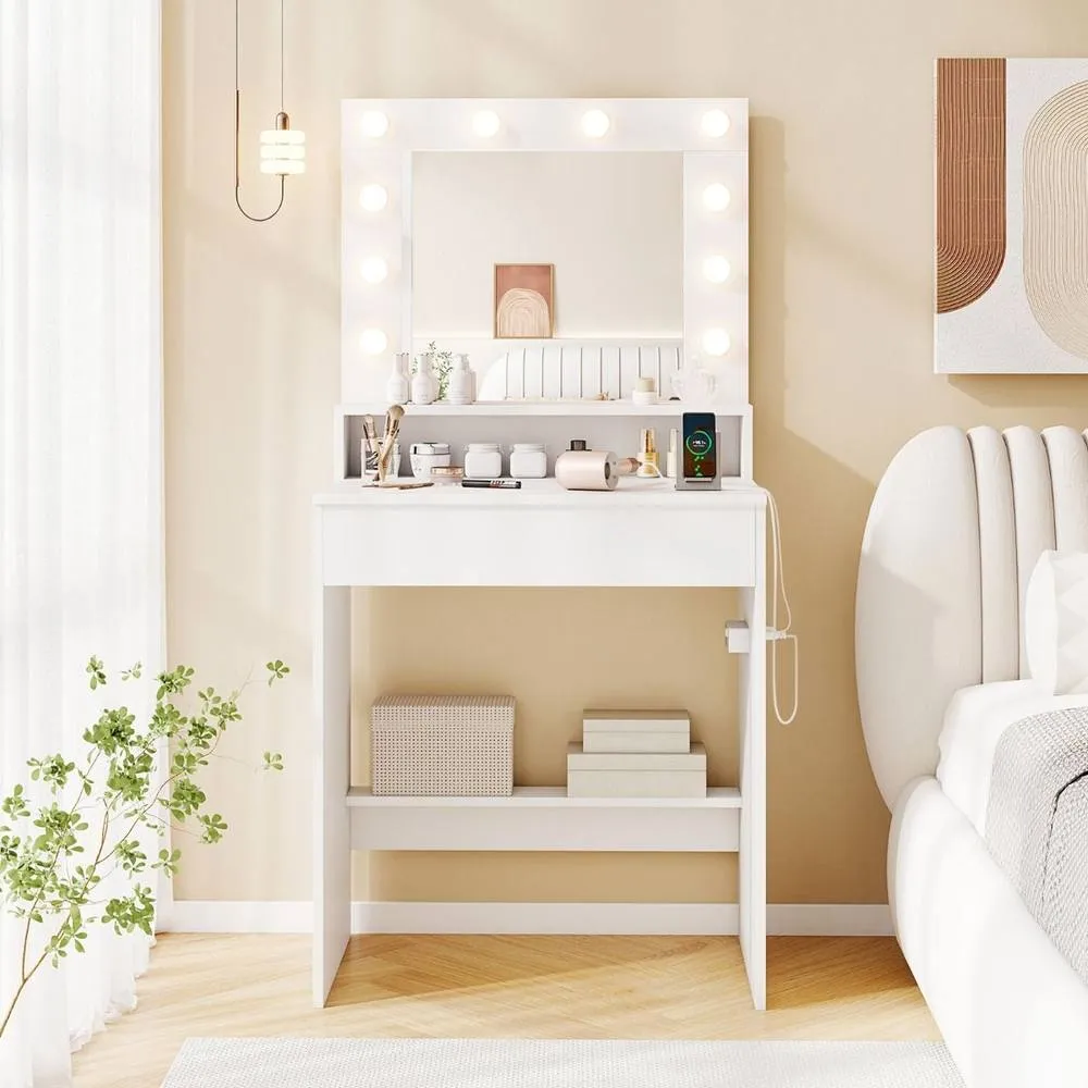 Costway Wooden Vanity Desk w/ Mirror & Lights Modern Dressing Table in White 4