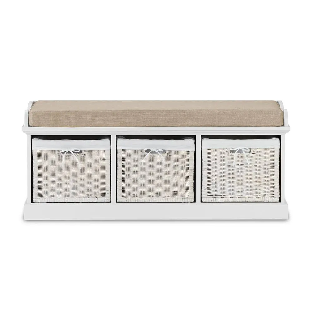 Statement Furniture Tetbury 3 White Wicker Basket & Cream Cushion Hallway Set 3