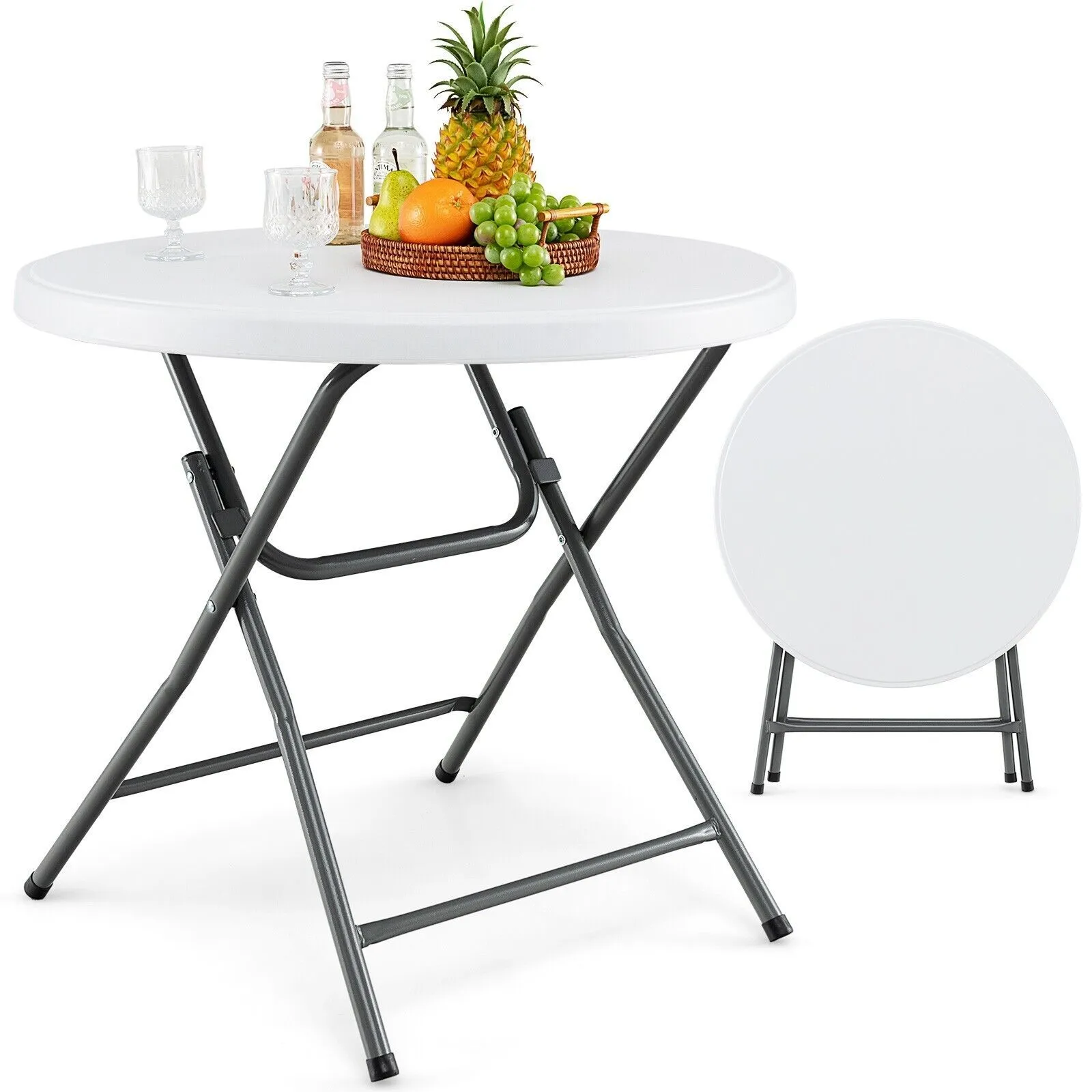 Costway 81 CM Round Folding Table Round Plastic Table Coffee Dining Table in White