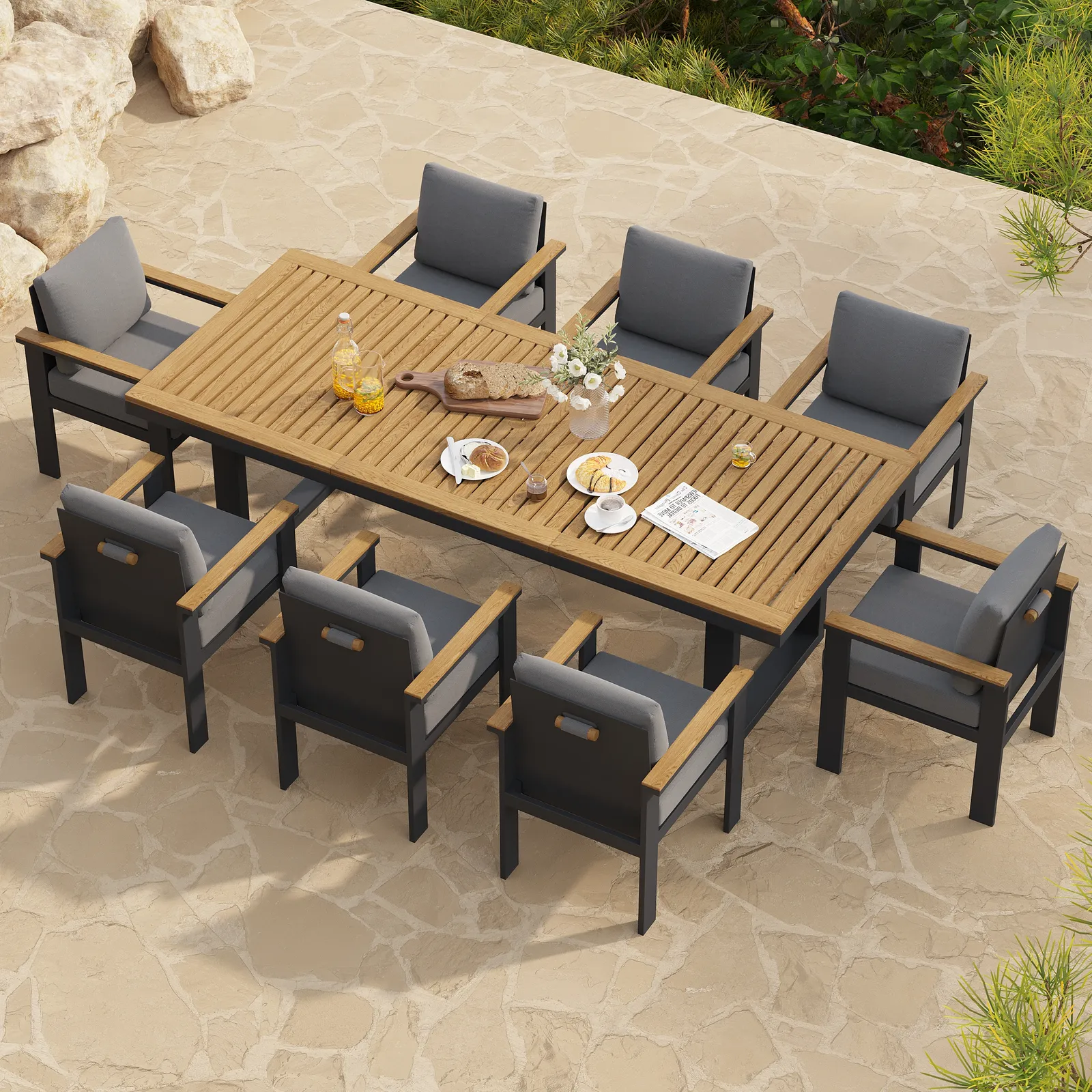 Rectangle Teak Wood & Aluminum Outdoor Patio Dining Table Modern Yard & Patio Furniture for 6 - 8 Person Teak & Aluminum Outdoor Dining Chair