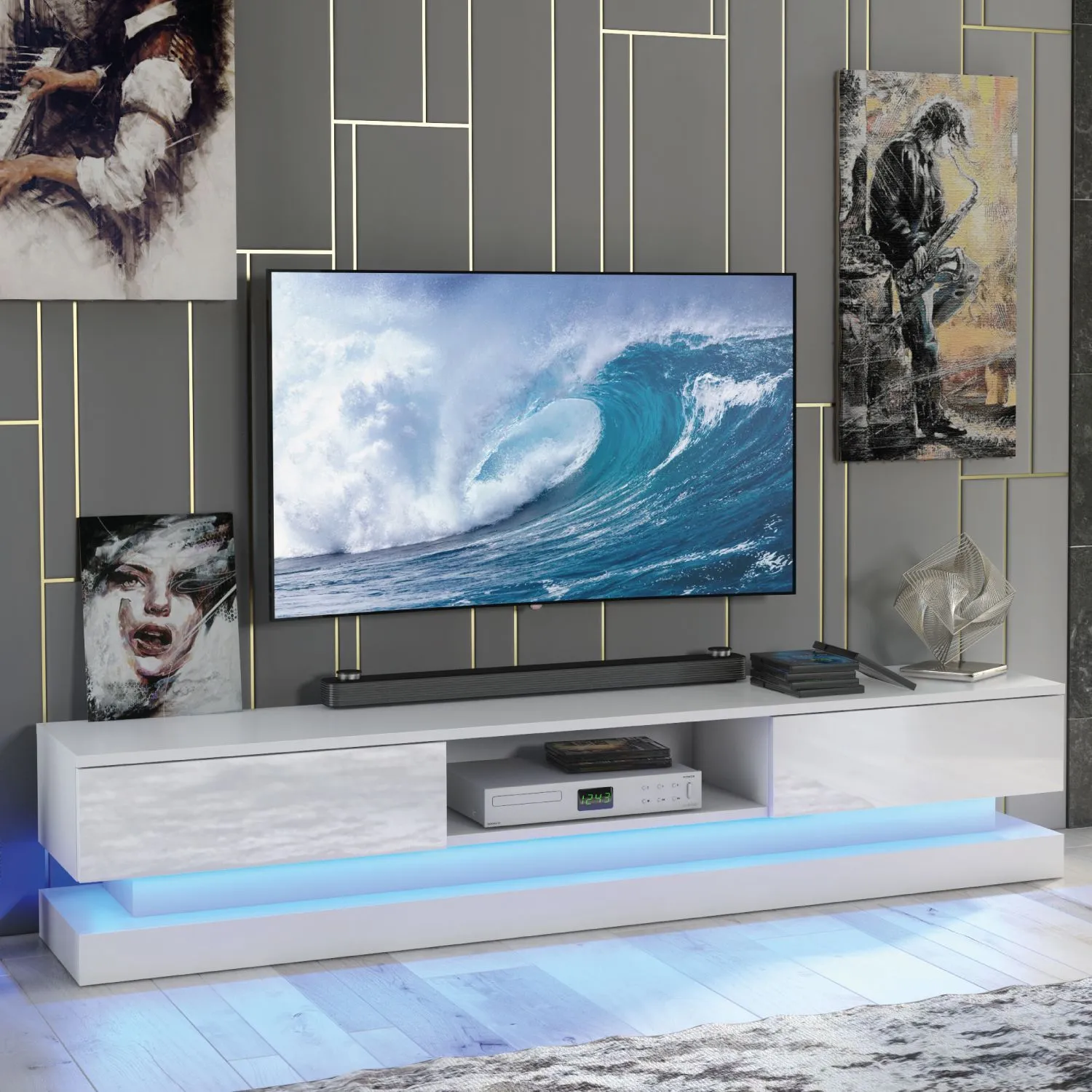 Creative Furniture Bloom TV Unit 180cm - A Functional & Contemporary Cabinet with Gloss Doors & LED Lights in White
