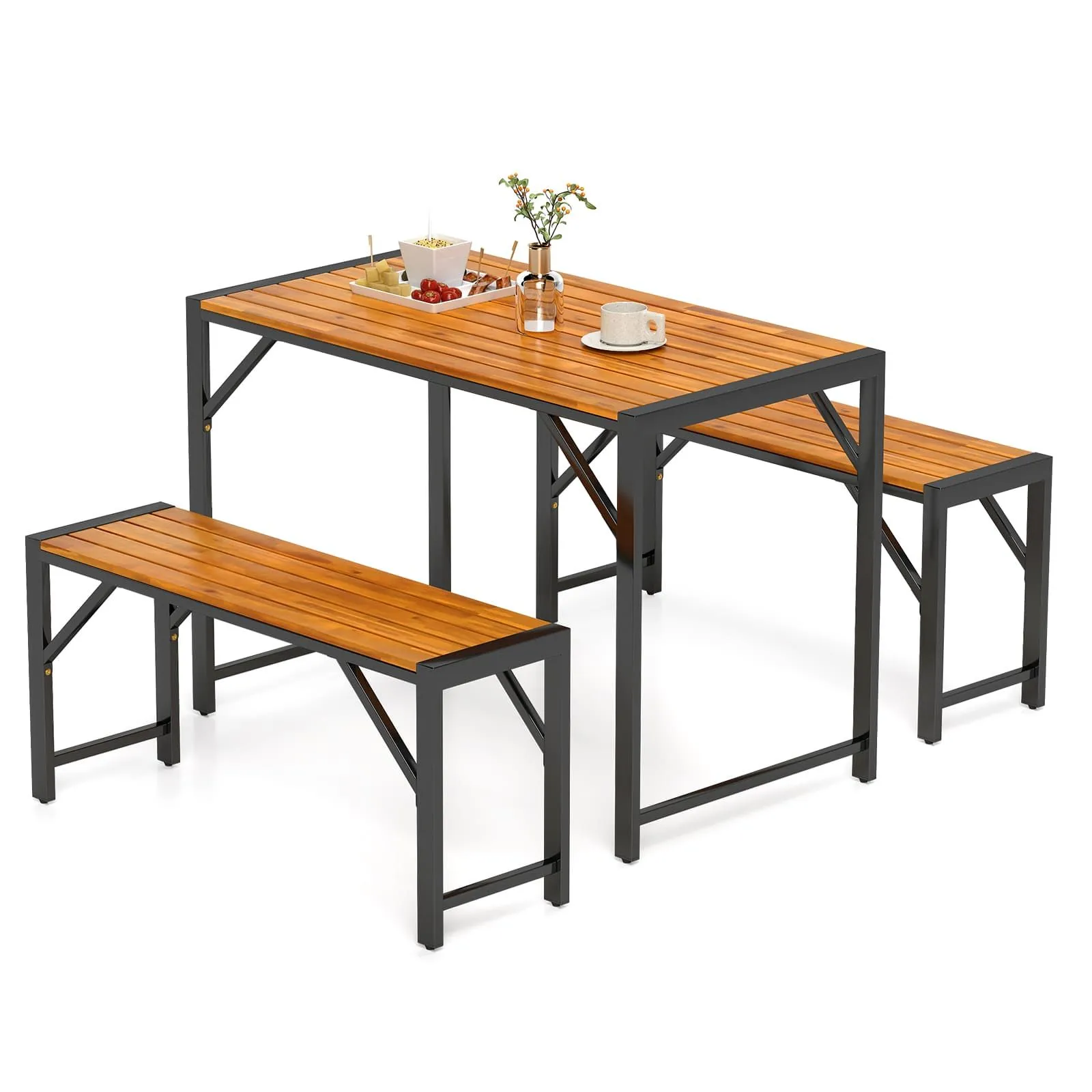 Costway 3-Pieces Patio Dining Set for 4 People Outdoor Picnic Table & 2 Benches in Natural