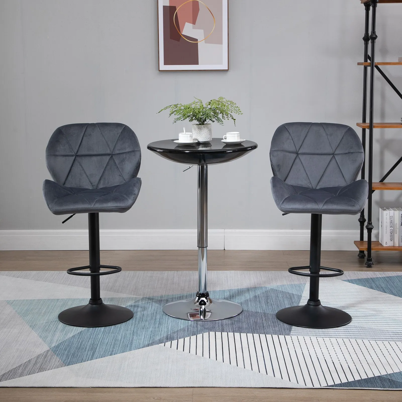 HOMCOM Velvet Bar Stools Set of 2 Back Padded Swivel Chairs for Breakfast in Dark Grey