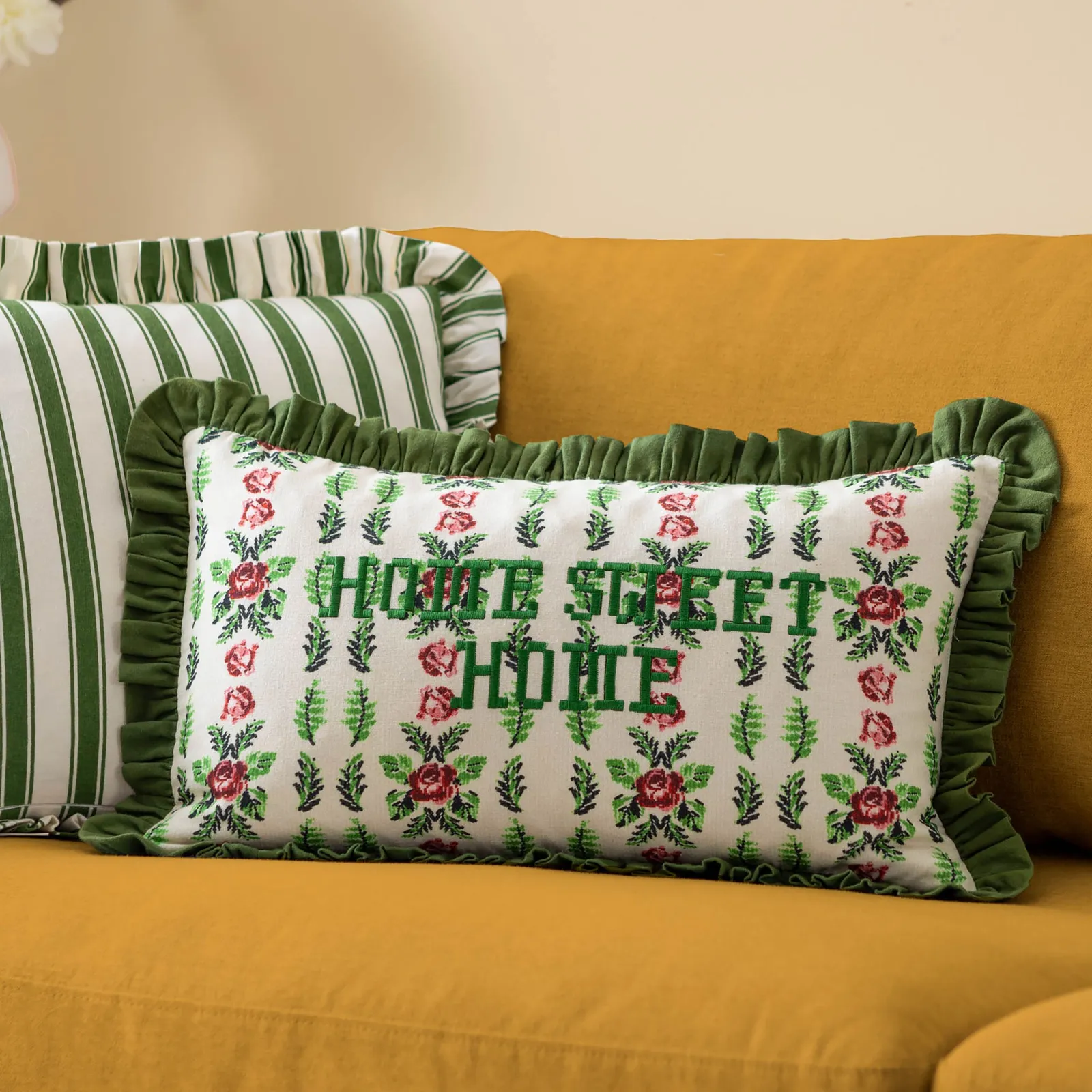 Furn Feeoni Home Sweet Home Floral Cotton Cushion in Green