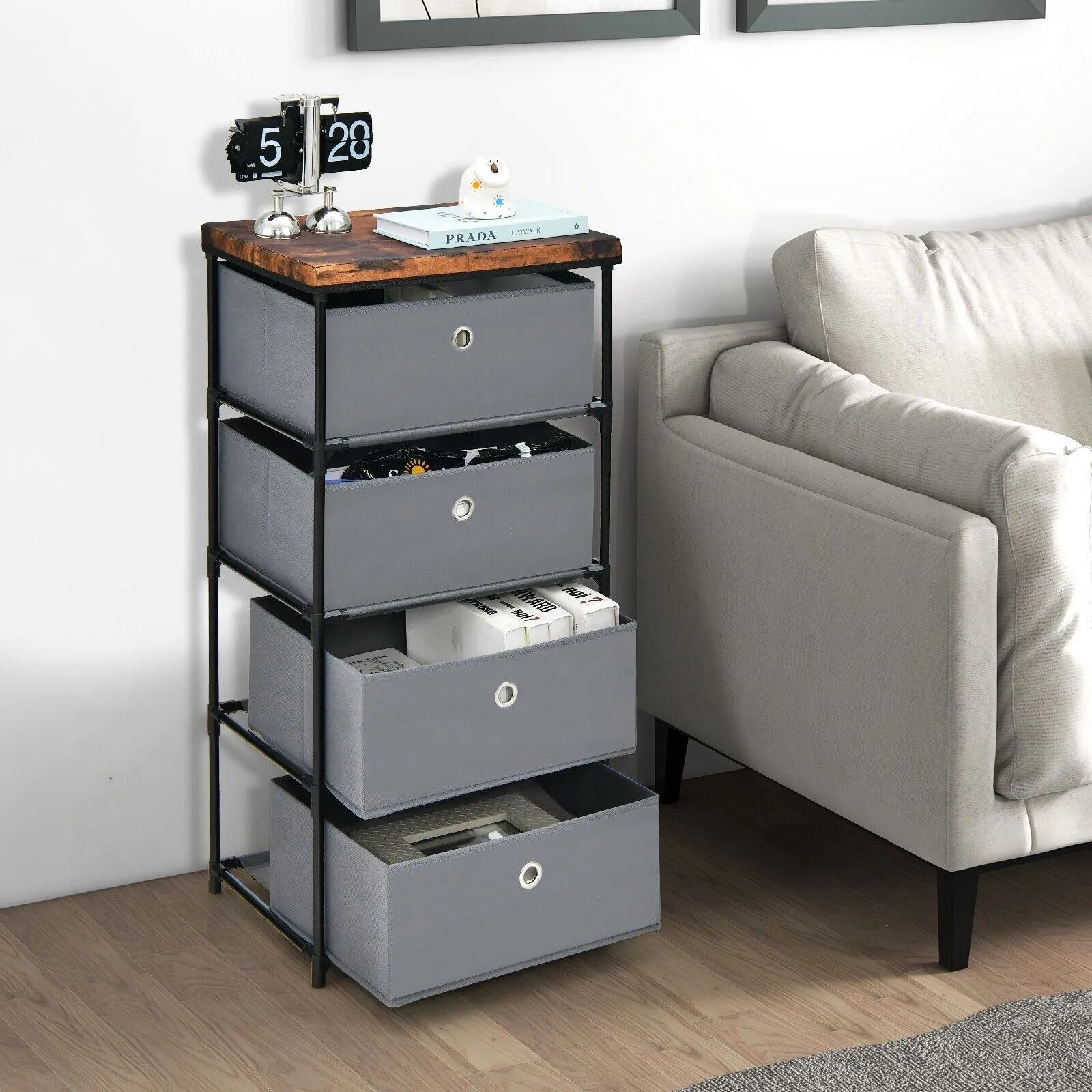 Costway 4 Drawer Fabric Dresser Storage 4-Tier Organizer Tower Dresser Nightstand w/ Drawers in Grey 3