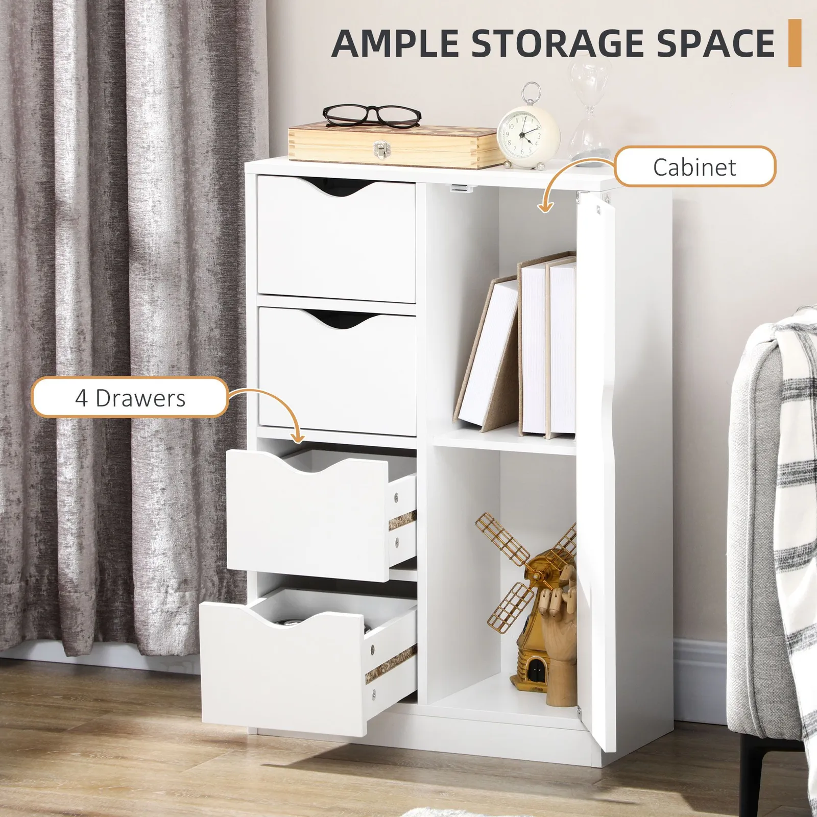 HOMCOM Bathroom Floor Cabinet Freestanding Storage Unit with 4 Drawers for Living Room in White 5
