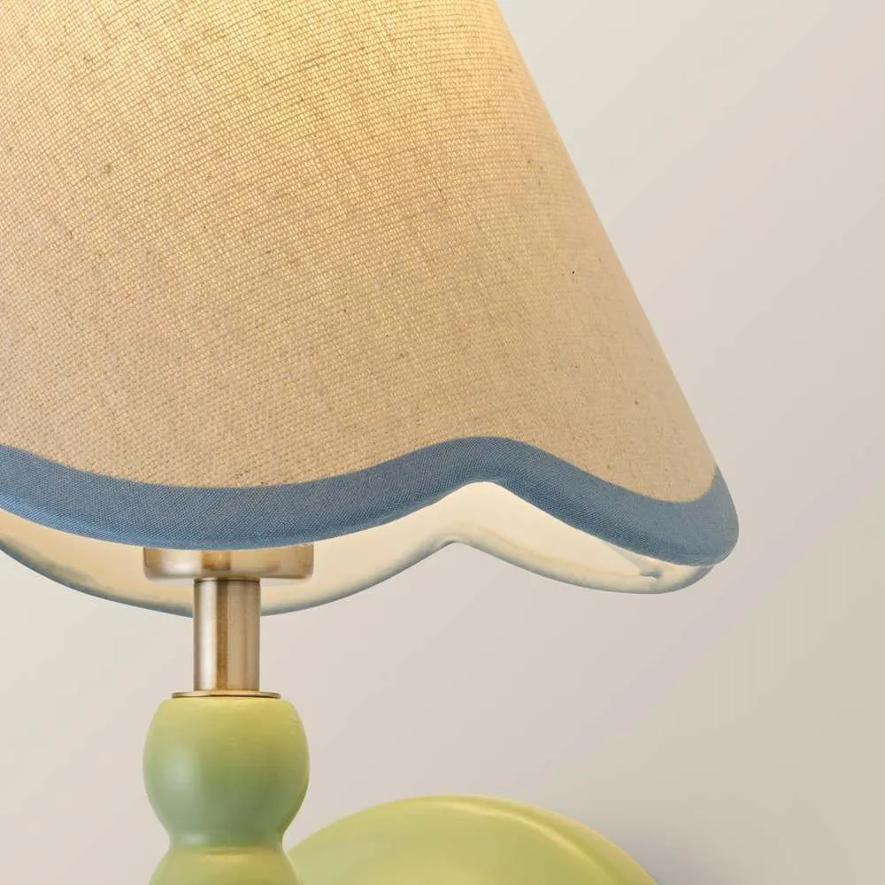 ValueLights Bobbins Sage Green Bobble Wall Light & Linen Pastel Trim Lamp Shade in Pale Blue 4