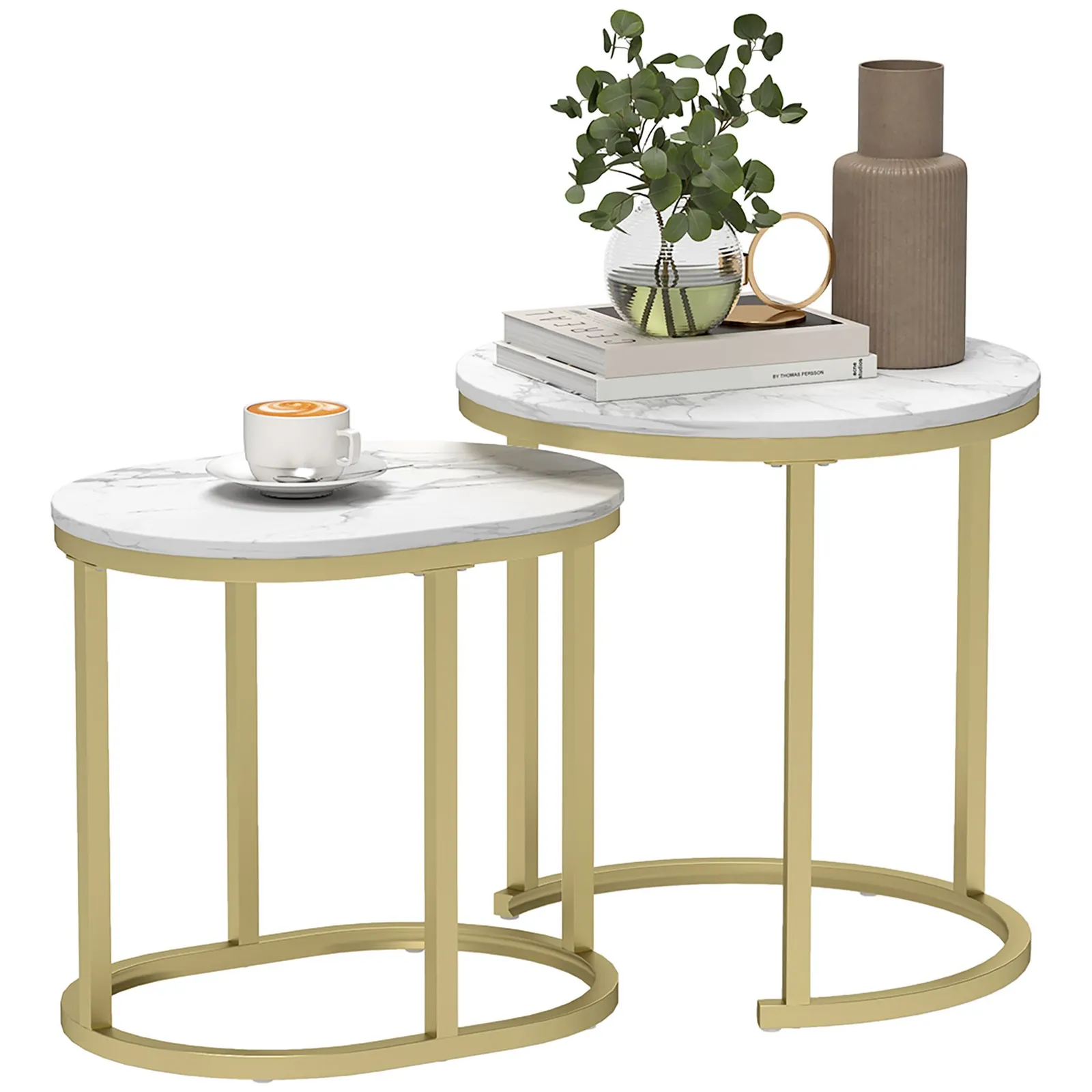 HOMCOM 2 Pcs Coffee Table with Faux Marble Tabletop White 2