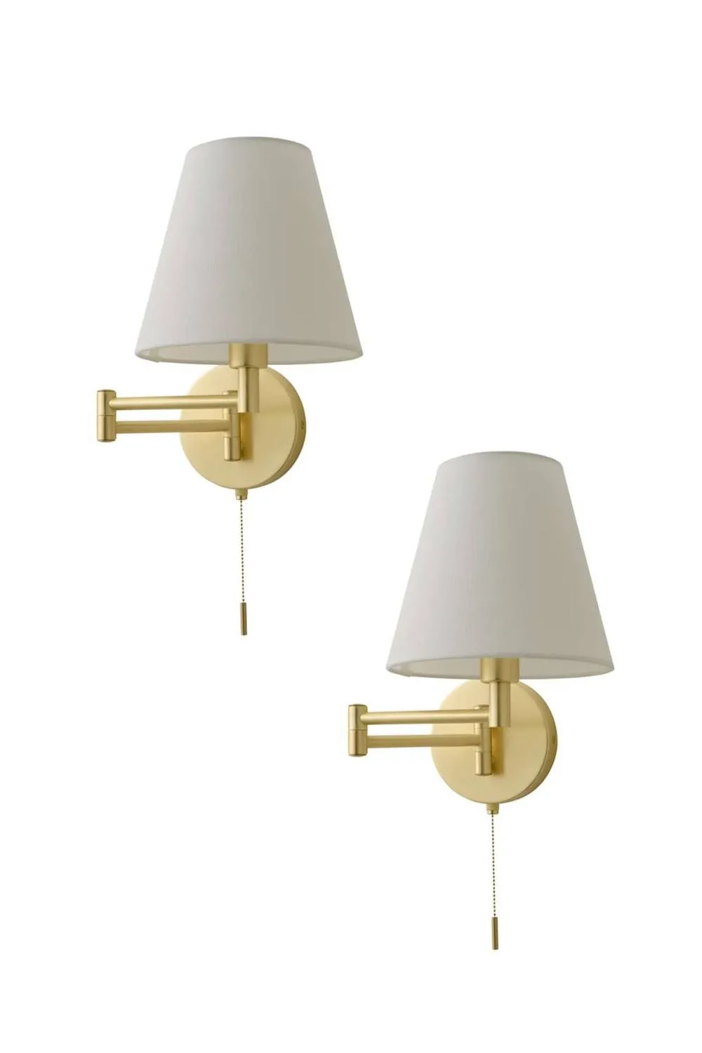 ValueLights Sonia Pair of Swing Arm Wall Lights with Taper Linen Shades & Bulbs in Gold
