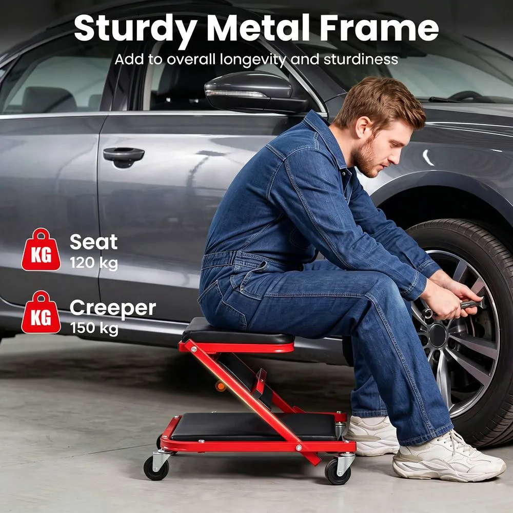Costway 2-in-1 Rolling Folding Z Creeper Seat 36 Inch Roller Garage Chair in Red 6