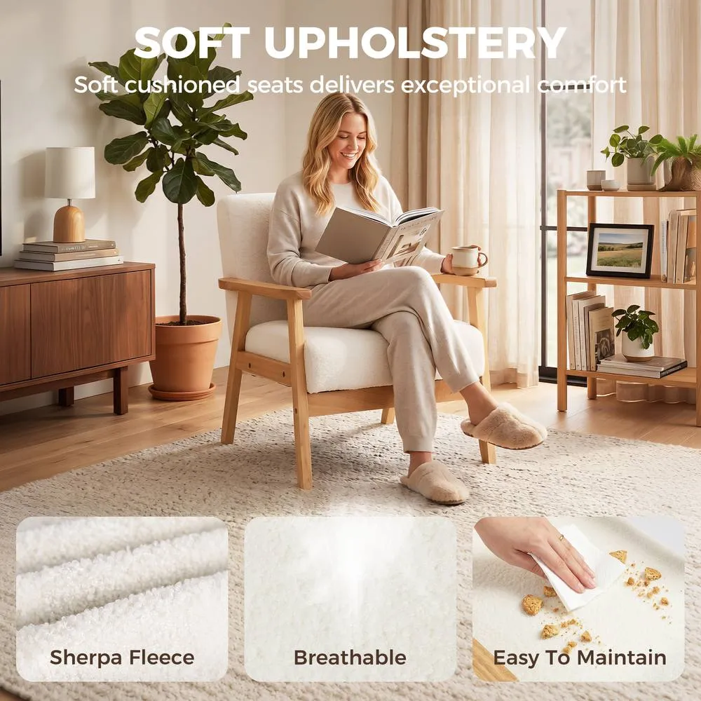 HOMCOM Accent Chair with Wood Frame Wide Seat Sherpa Fleece Armchair Cream in White 5