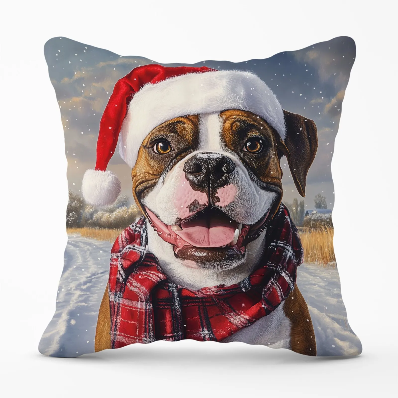 Warren Reed - Designer Snowy Christmas Boxer Dog Cushion in Brown