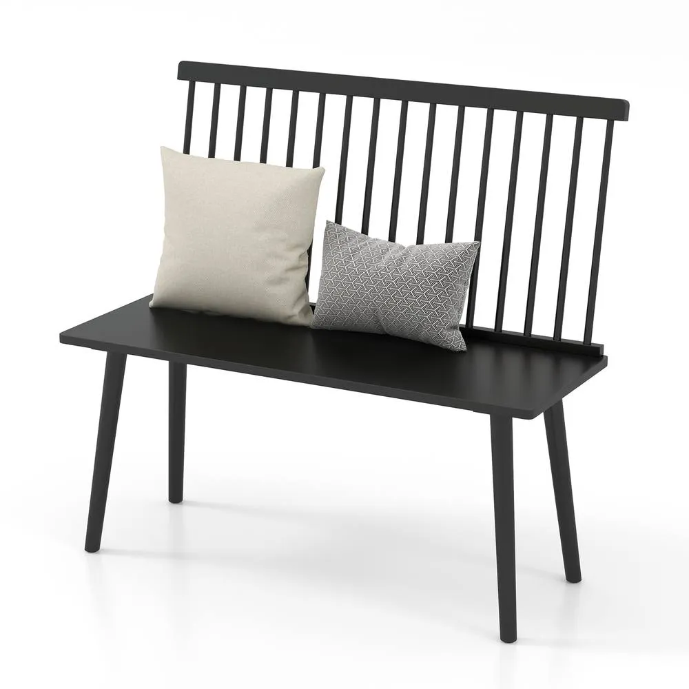 Costway Entryway Bench for 2 Rubber Wood Windsor Bench Loveseat w/ Backrest in Black 3