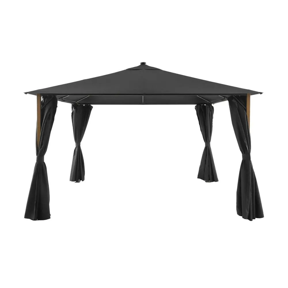 sweeek Aluminum gazebo 4x3m with wood effect, curtains, & LED in Dark Grey 2