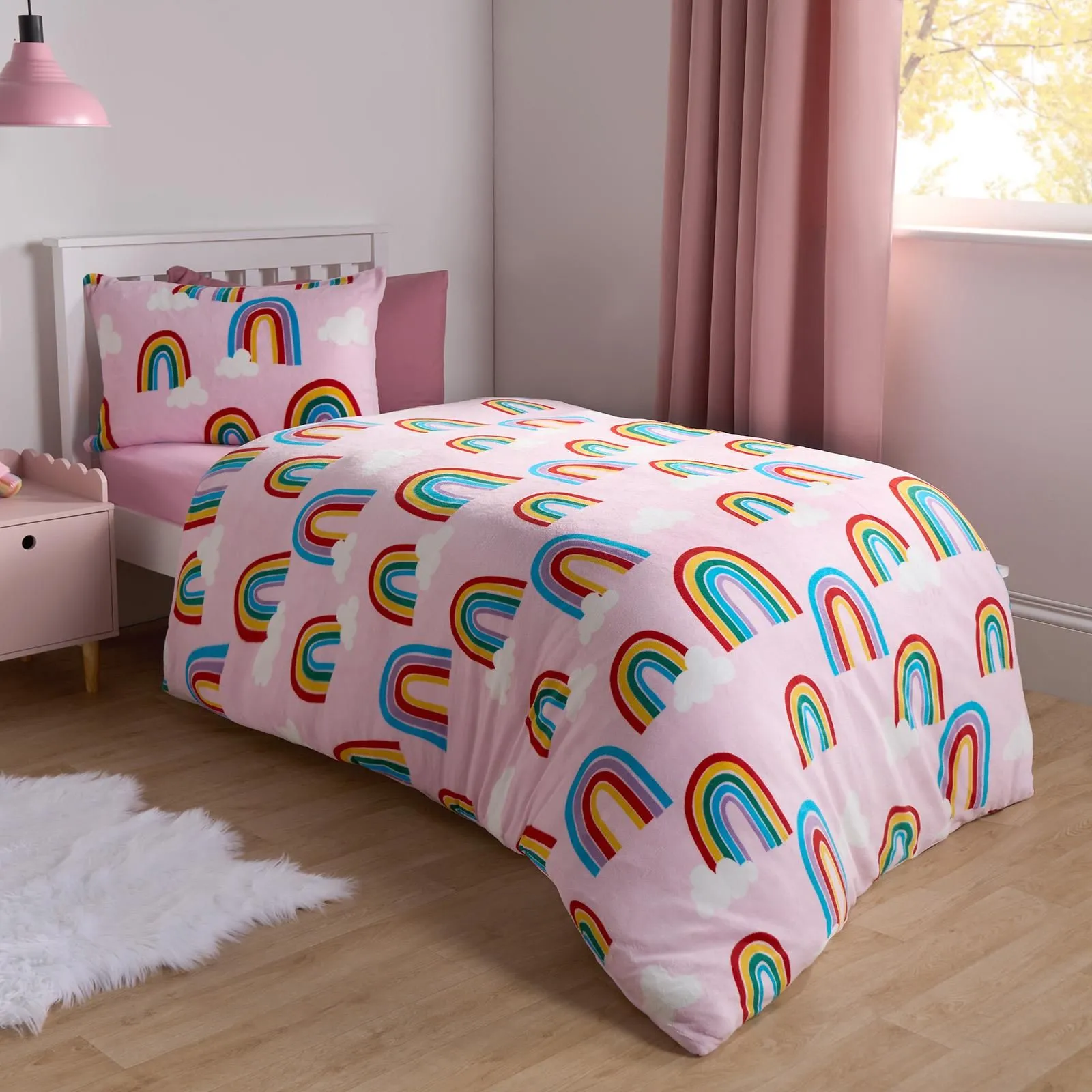 OHS Rainbow Duvet Cover Set Warm Teddy Fleece Bedding Supersoft Quilt Thermal Warm in Pink