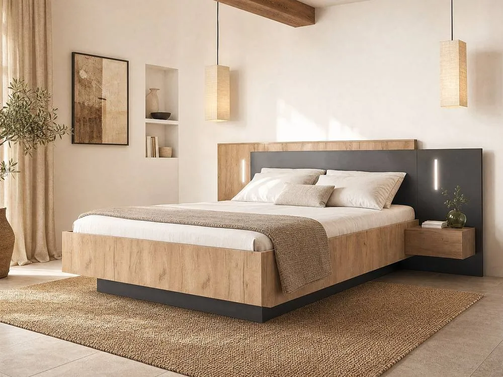 Vente-unique Bed With Bedside Tables 140 X 190 Cm - 2 Drawers - With LED Lighting in Grey 3