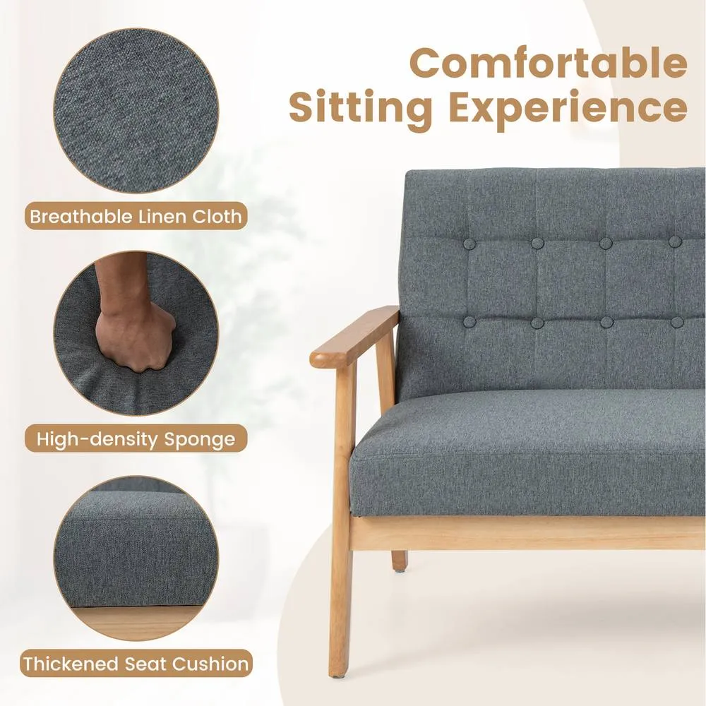 Costway Linen Loveseat Sofa 2-seat Cushioned Couch with Rubber Wood Frame-Grey in Grey 2