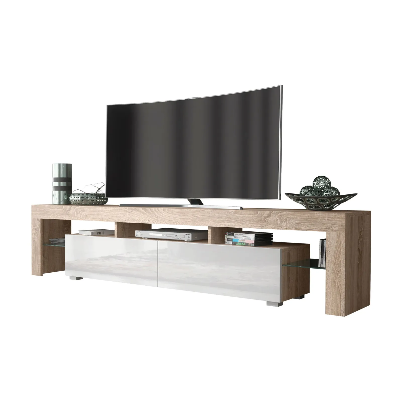 Creative Furniture TV Unit 200cm Modern - Oak with High Gloss White Doors in Light Oak 5