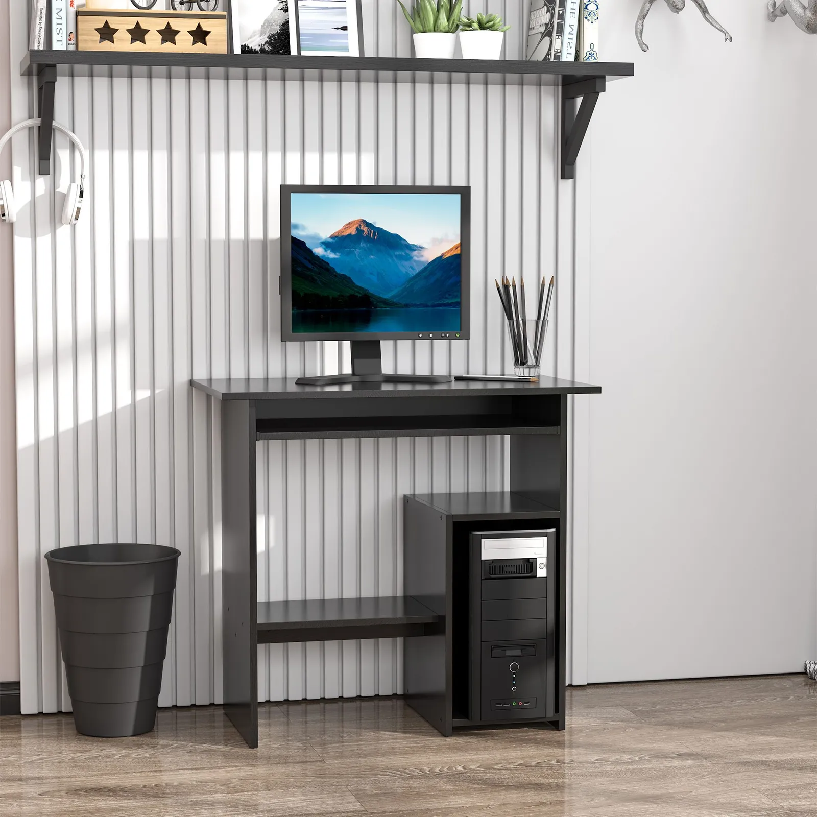 HOMCOM Compact Small Computer Table Wooden Desk Keyboard Tray Storage in Black 1