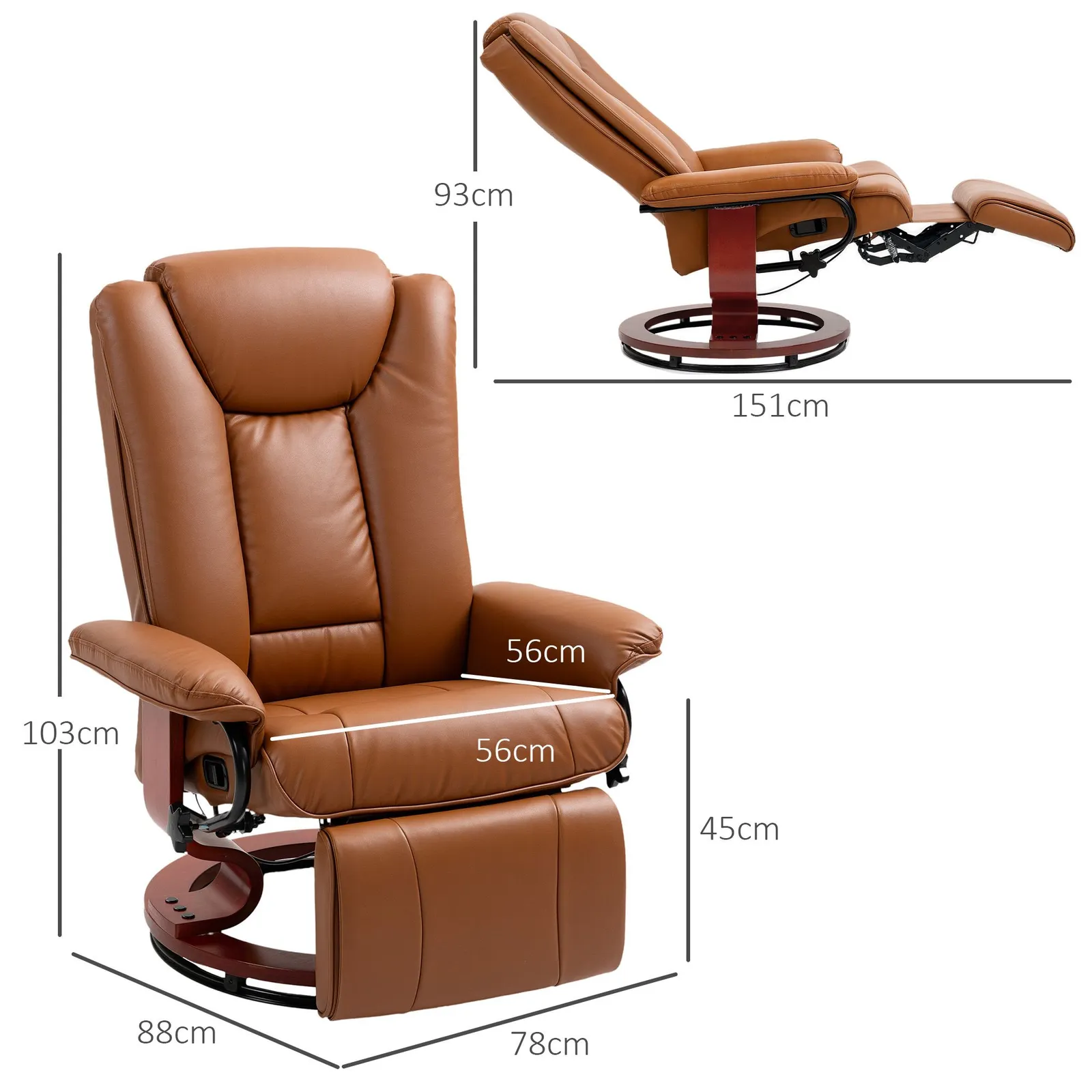 HOMCOM PU Leather Reclining Armchair with Footrest for Living Room in Brown 3