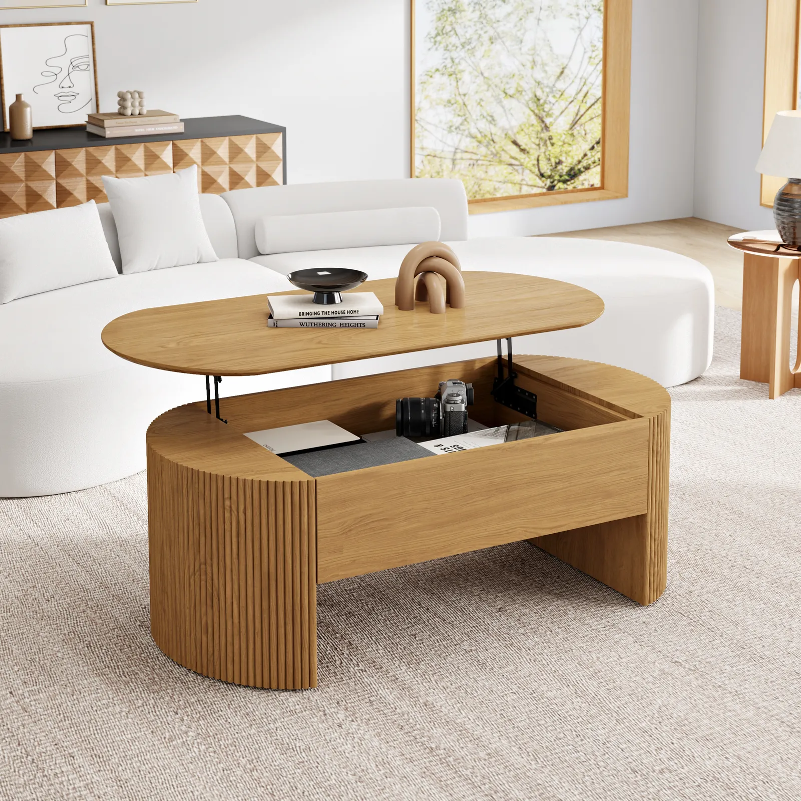 Natural Oval Lift Top Mid-Century Modern Coffee Table
