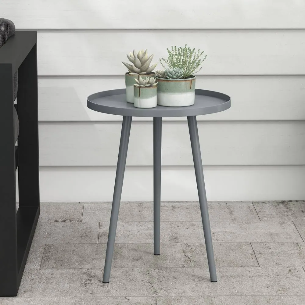 OUTSUNNY Round Garden Coffee Table, Outdoor Side Table with Rounded Edge in Grey