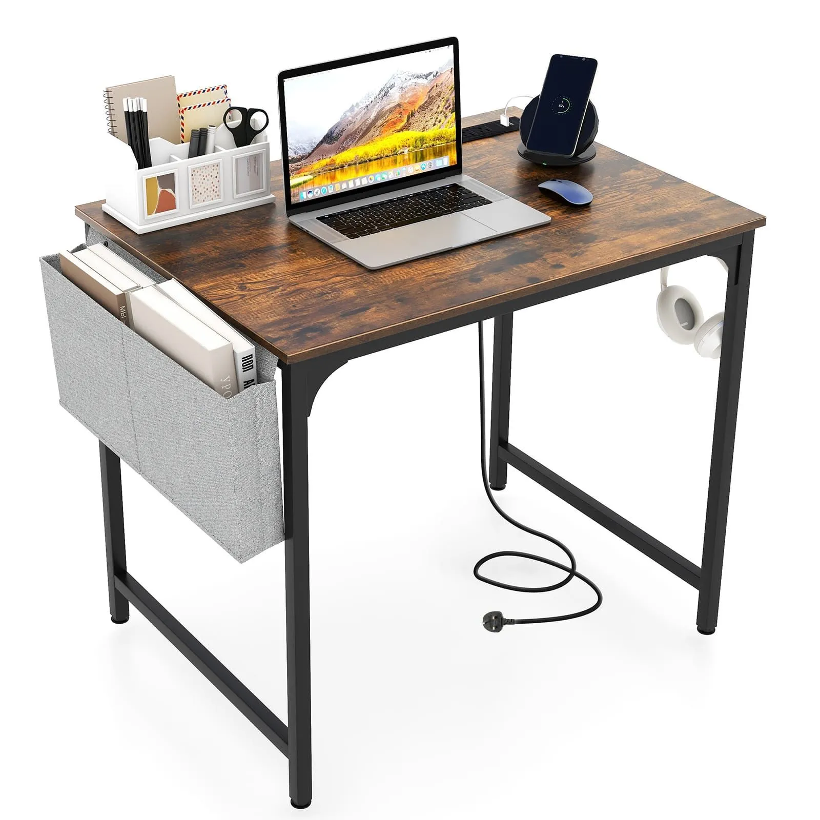 Costway Computer Desk Small Home Office Desk w/ Charging Station in Brown 1