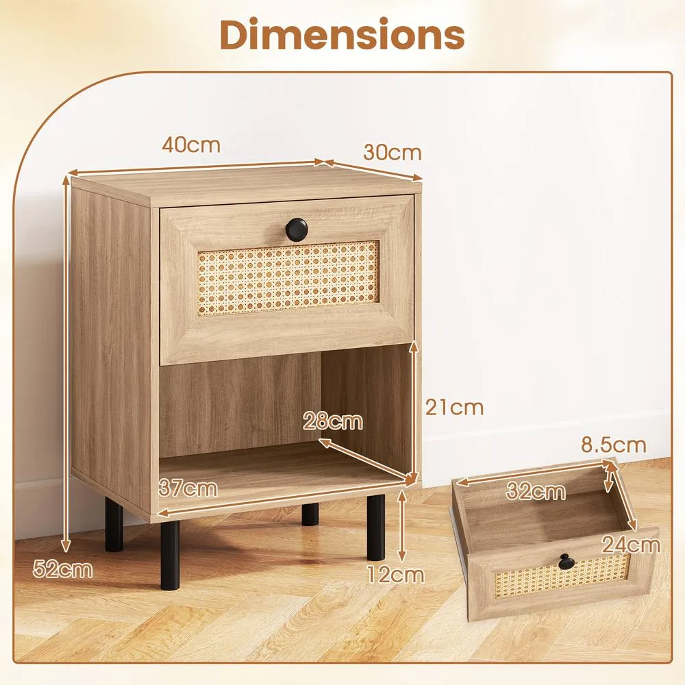 Costway Set of 2 Rattan Nightstand Boho Style Bedside Table with Drawer in Natural 2