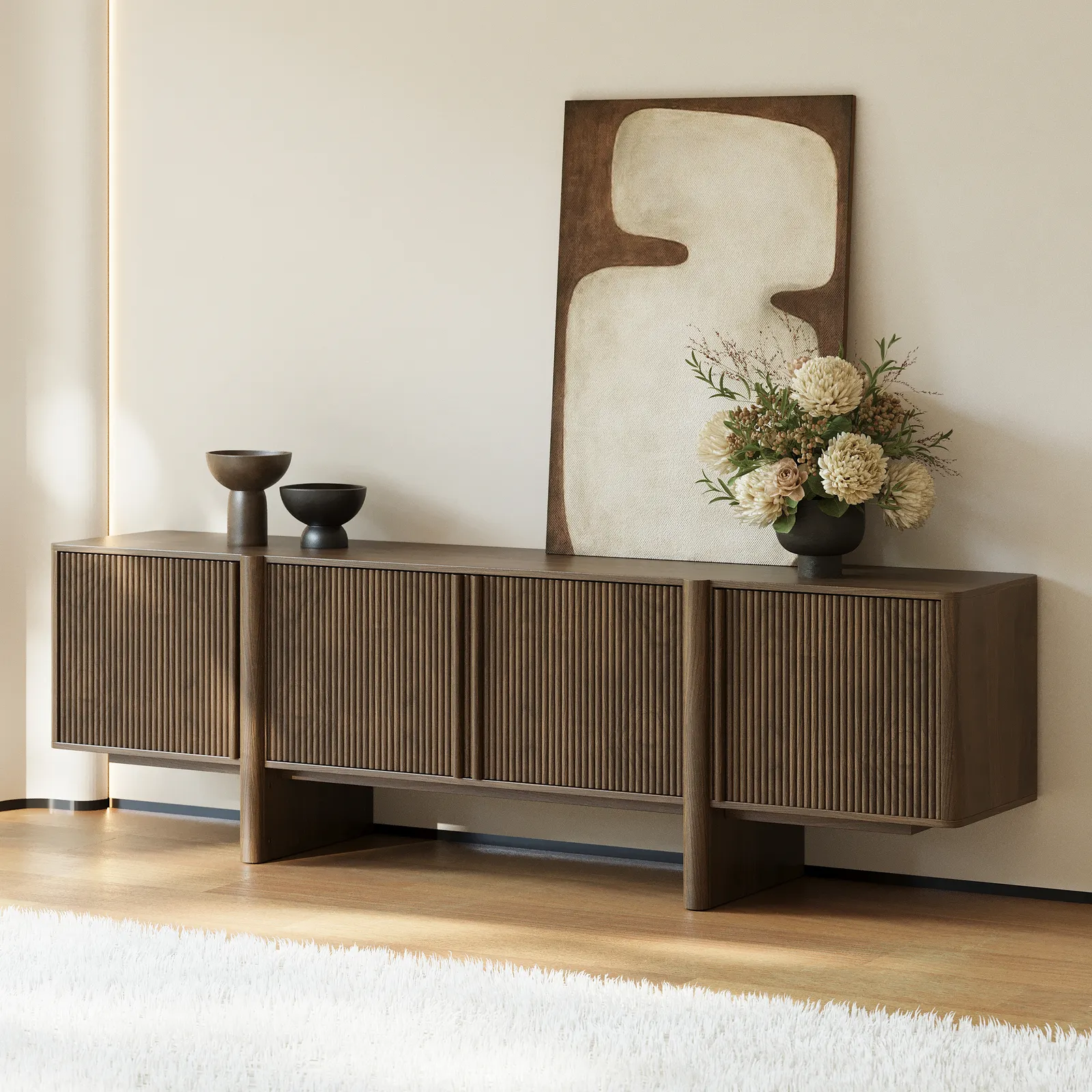 Lineva 80" Solid Wood Fluted Smoked Brown TV Stand with Cabinets