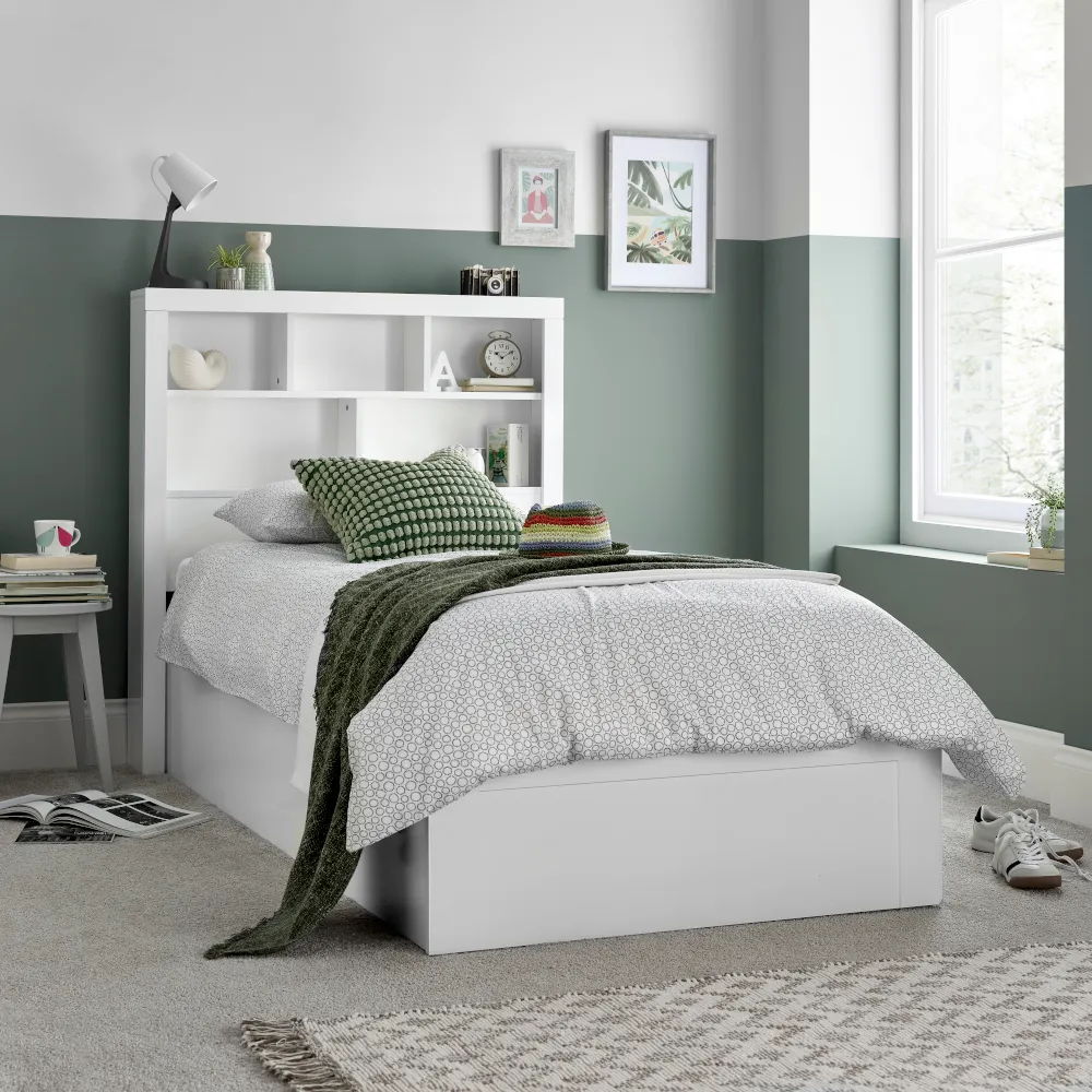 Oscar - Single - Bookcase Ottoman Storage Bed - White - Wooden - 3ft - Happy Beds 1