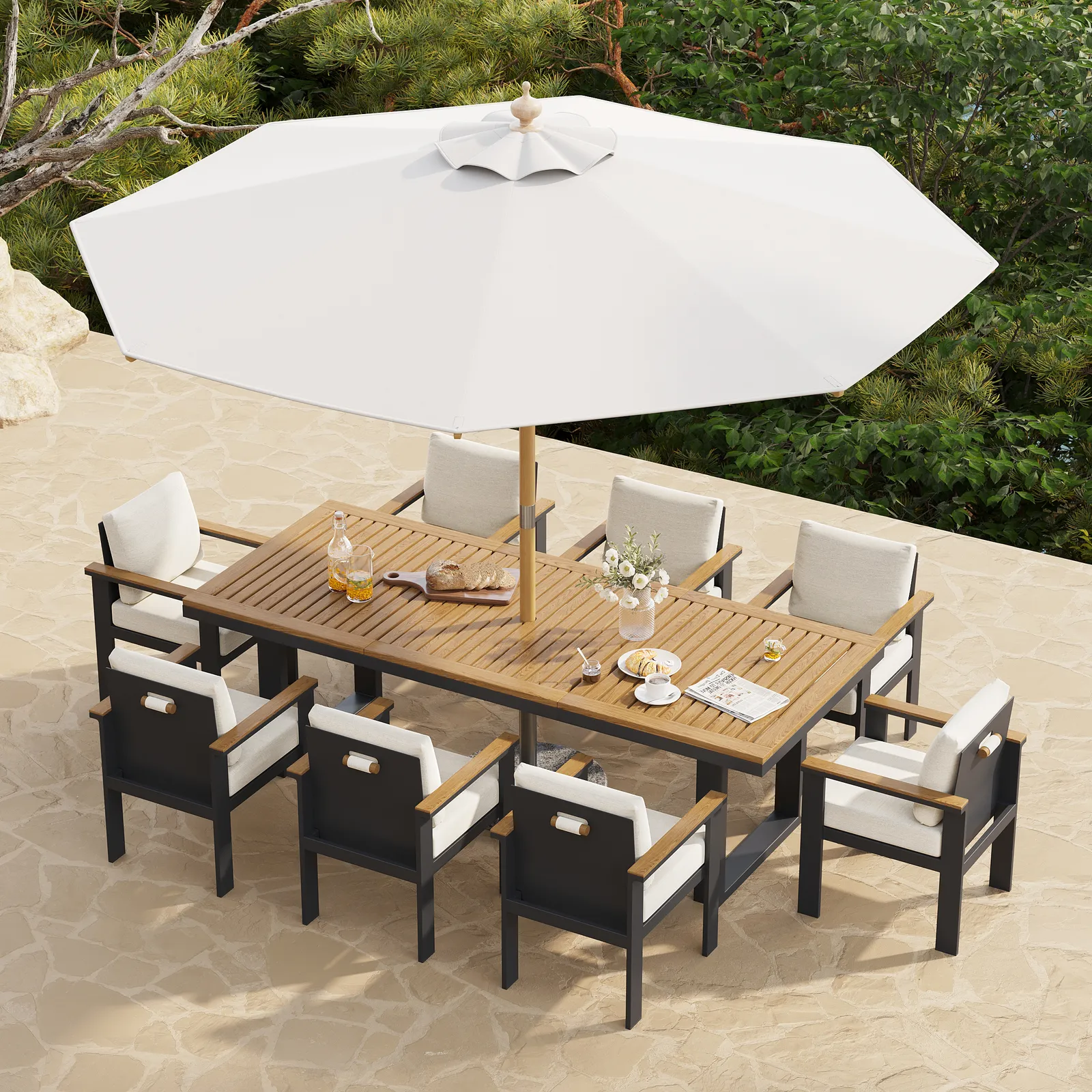 10 Pieces Rectangle Wood & Aluminium Outdoor Patio Dining Set with Central Pillar Umbrell