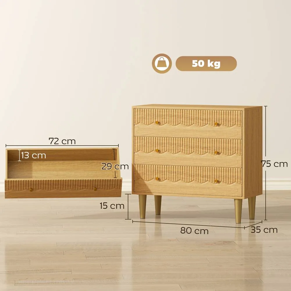 HOMCOM Chest of Drawers, 3 Drawer Dresser Steel Legs & Wooden Top, Oak in Natural 3