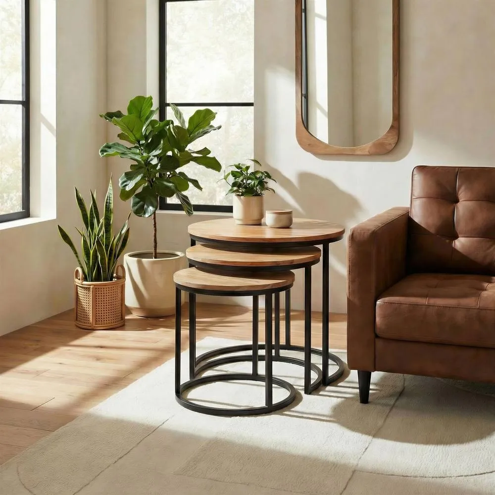 FurnitureboxUK Andes Round Light Oak Wood Set of 3 Nesting Coffee Tables in Light Brown