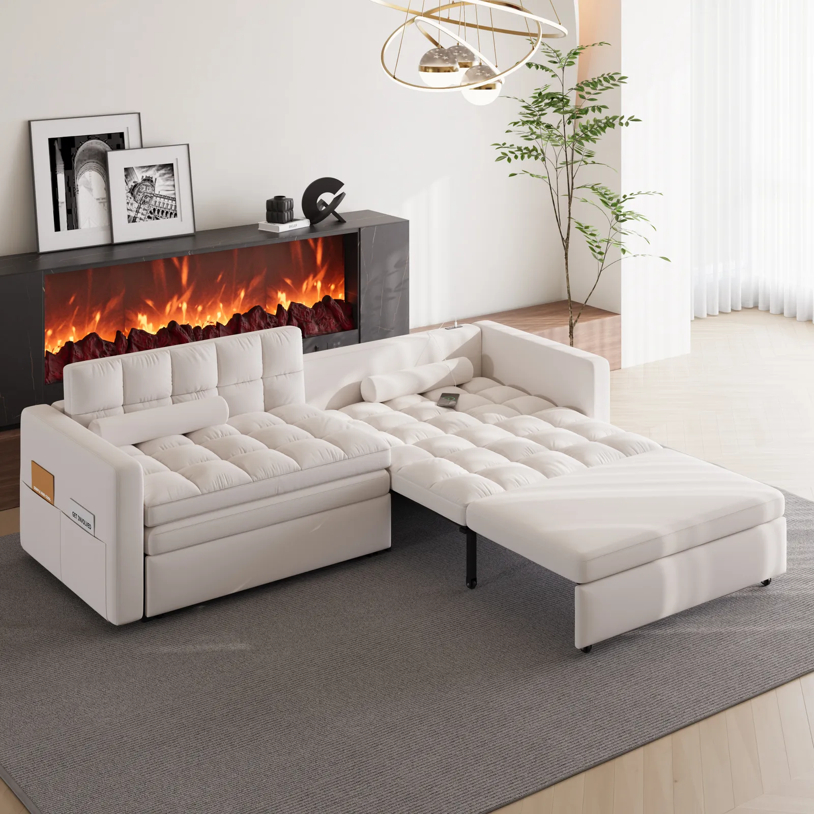 2400mm 2-Seater Modern Velvet Convertible Futon Sofa Bed with USB Charging