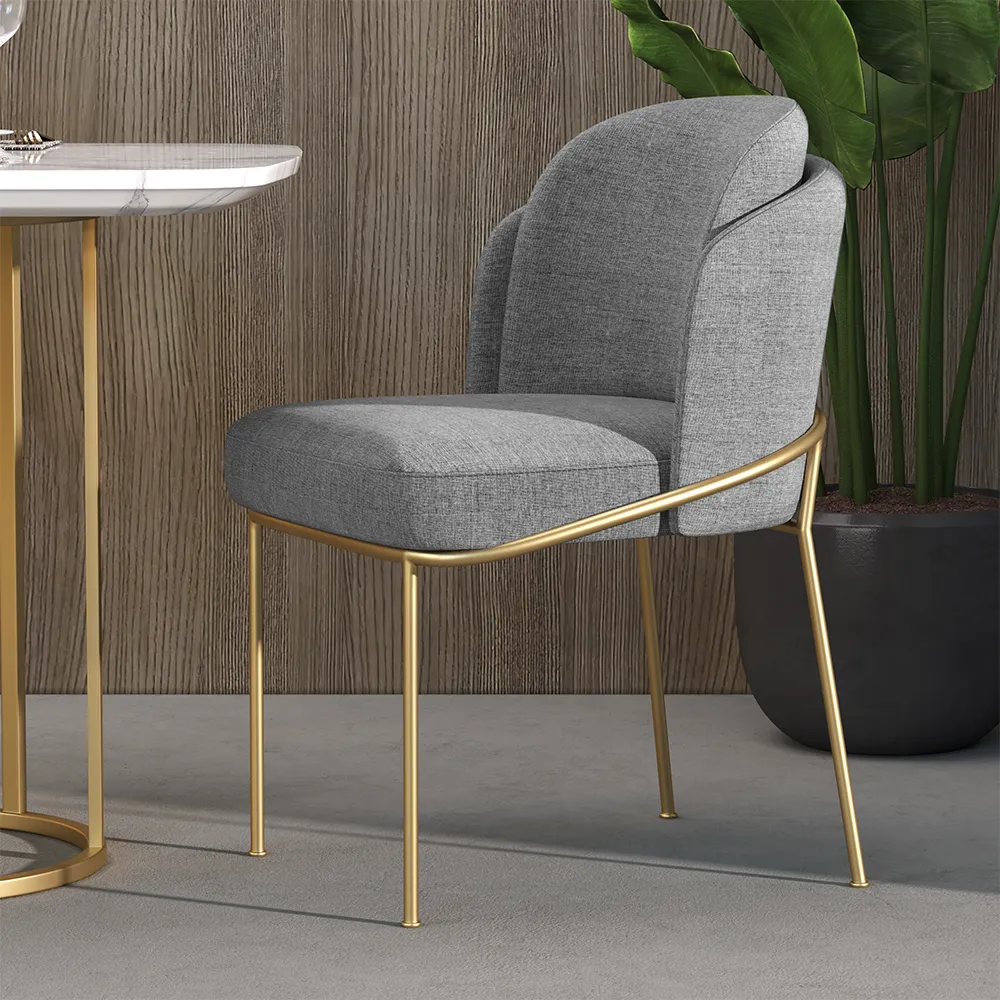 Modern Dining Chairs Cotton&Linen Upholstered Gray Side Chair in Gold Dining Room Chairs