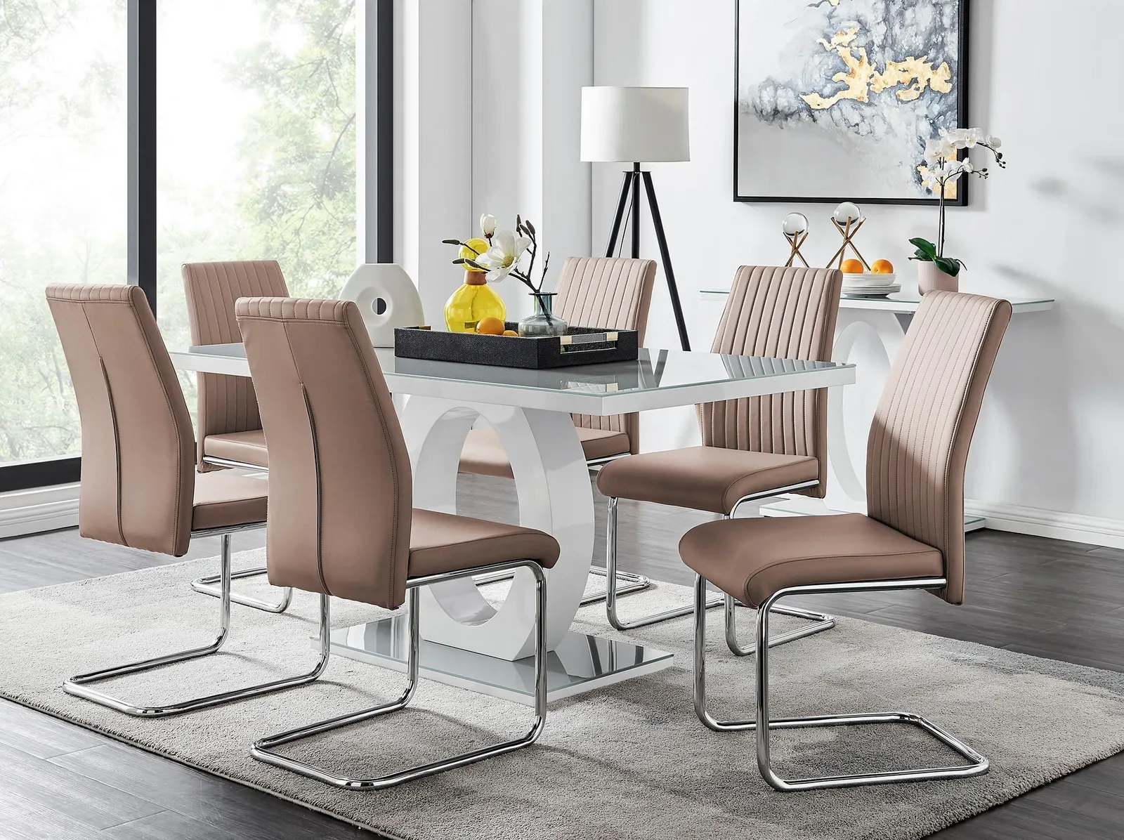 FurnitureboxUK Giovani 6-Seater Grey Glass Dining Table & 6 Lorenzo Faux Leather Dining Chairs in Beige 1