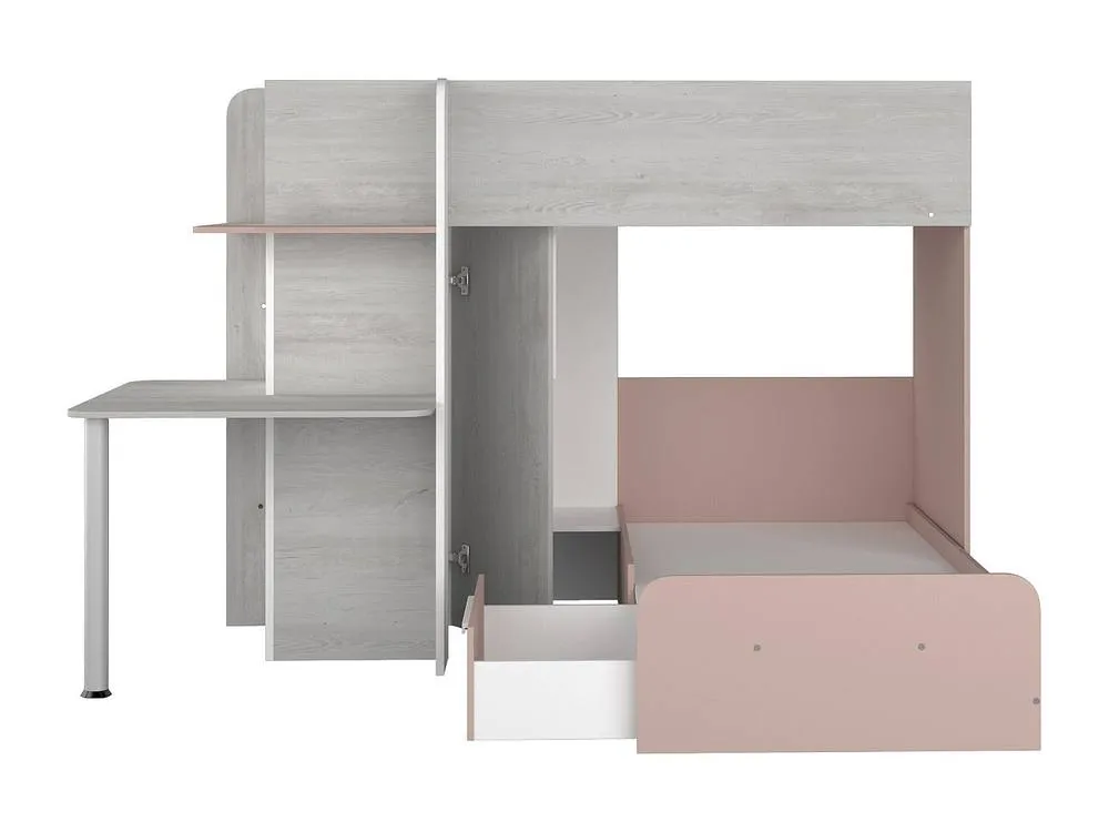 Vente-unique Corner Bunk Beds 2 X 90 X 190 Cm - With Desk - Grey, White & Pink in Light Grey 2