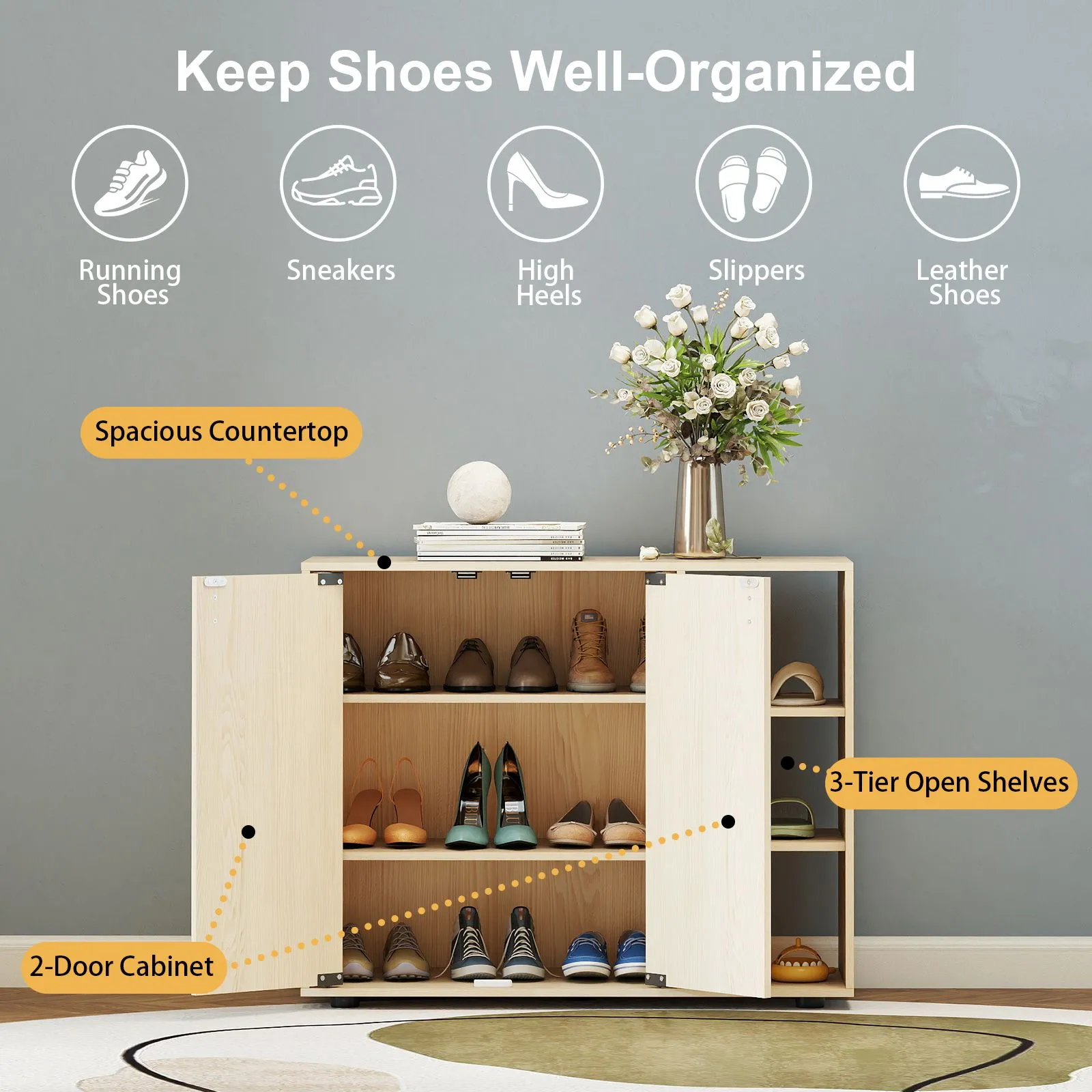Costway 3-Tier Shoe Storage Rack Shoe Cabinet with Doors in Natural 6