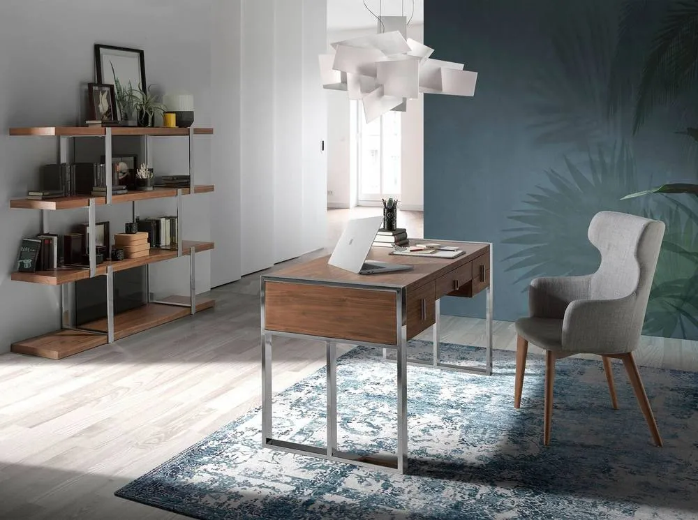 Angel Cerda Walnut Veneer Desk with Chromed Steel Legs & 4 in Brown 4