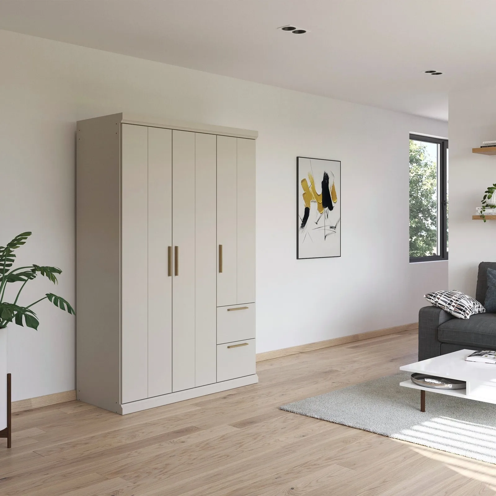 Malham 3 Door Hinged Wardrobe 136X203Cm With Cornice, Neutral Wood | Barker & Stonehouse 2