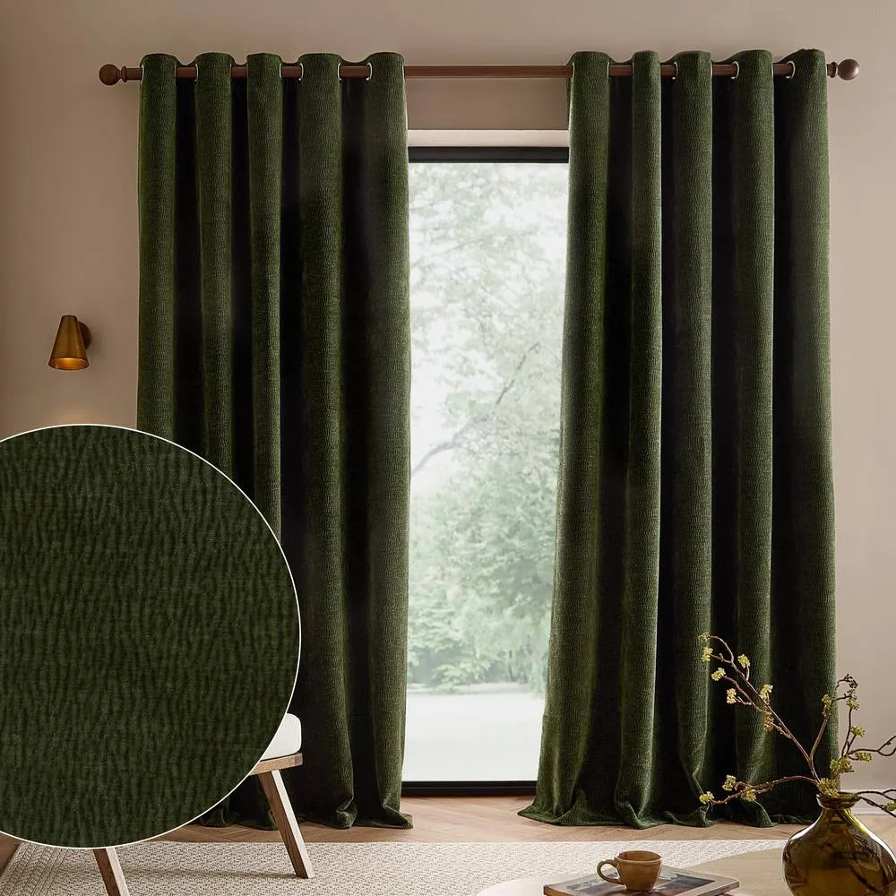 Yard Heath Washed Velvet Fully Lined Eyelet Curtain Pair in Olive 1