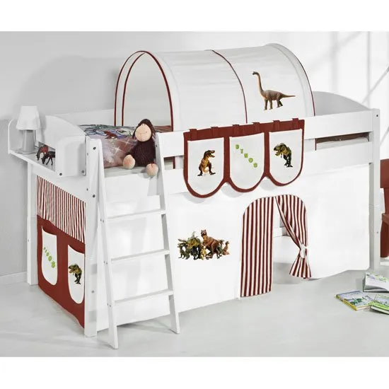 Lilla Children Bed In White With Dinosaur Brown Curtains