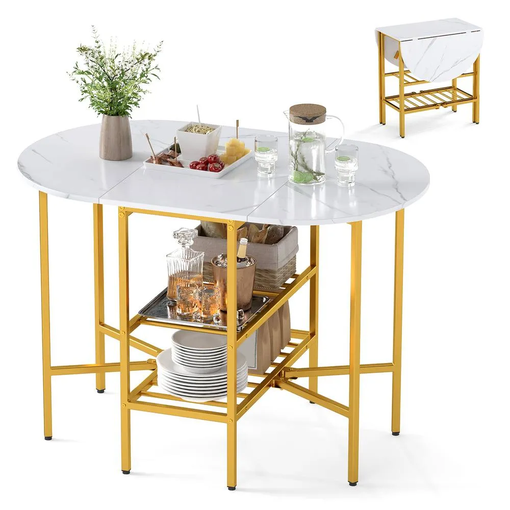 Costway Folding Kitchen Dining Table Oval Dining Table w/2 Folding Side Panels in White