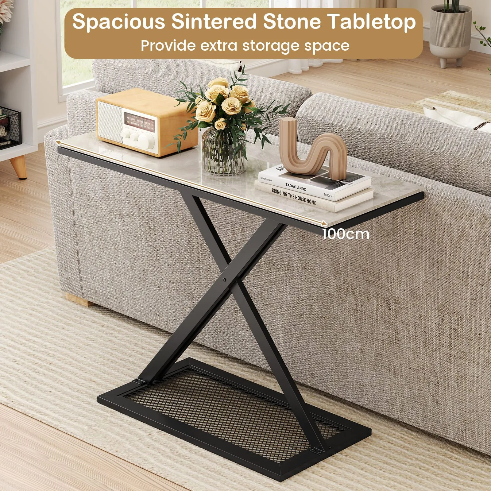 Costway Faux Marble Top Console Table Metal Frame Entryway Table in White 6