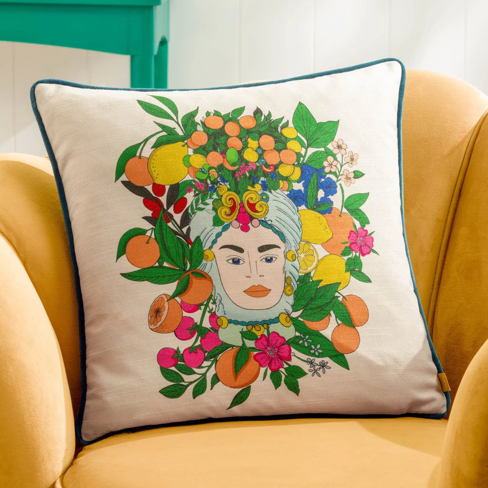 Furn Taormina Sicilian Moor's Head Floral Cushion in Teal